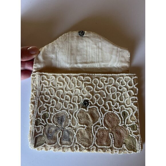 Vintage 50s 60s floral embroidered beaded handmade clutch glam cottagecore - Picture 4 of 10